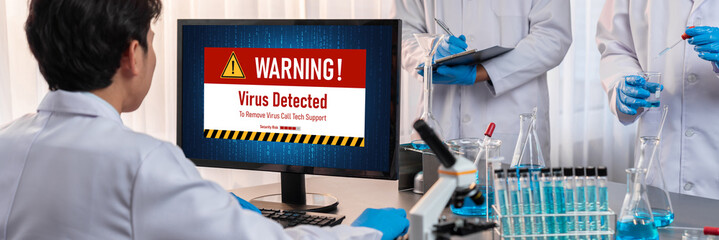 Fototapete - Virus warning alert on computer screen detected brisk cyber threat , hacker, computer virus and malware