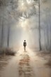 © Wall - A man walking down a dirt road in a foggy forest