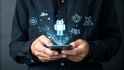 person using smartphone, displaying a digital robot and network icons, symbolizing mobile app develo