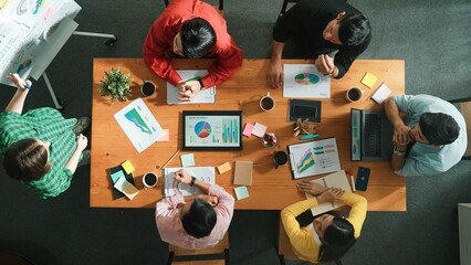 Poster - Top view of investor looking executive manager standing and presenting plan. Attractive businesswoman standing whiteboard and holding tablet display financial graph at business meeting. Convocation.