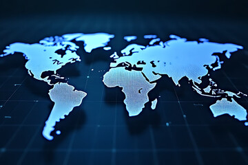 Aufkleber - Blue illuminated world map illustration with dotted texture on a dark blue grid background showing continents and oceans