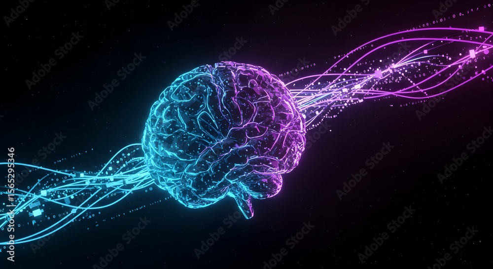 A glowing brain with neon blue and pink waves emanating from it on a ...