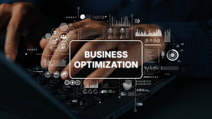Poster - Hands Typing on a Keyboard with Business Optimization Graphics and Data Analytics Overlays in a Modern Office Setting. Asymptotic smart data analytic.