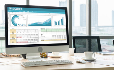 Poster - Spreadsheet document information financial startup concept. data and graphs in spreadsheet documents for online analysis project dashboard accounting digital snugly