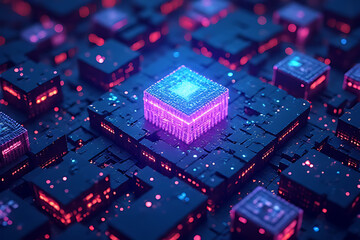Poster - futuristic digital circuit board with glowing blue and purple processors and data transfer nodes in 