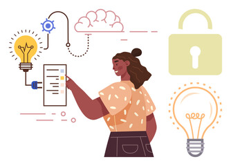Poster - Woman pointing at a checklist surrounded by light bulbs, cloud, gear, and lock. Conceptual themes include innovation, creativity, security, strategy planning solutions and data. Ideal