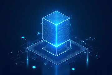 Aufkleber - Glowing blue data cube with connected circuit board elements on a dark blue background digital illustration