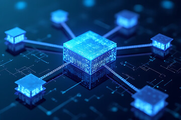 Aufkleber - Illuminated blue digital cubes connected by lines on a dark surface representing a network or data flow