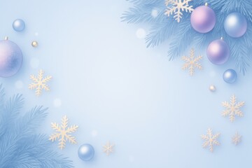 Poster - Christmas background showcasing pastel blue and pink ornaments, golden snowflakes, and fir branches arranged on a soft blue backdrop, evoking a serene and festive atmosphere with ample copy space