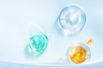 Poster - Cosmetic serum bubbles floating against a light blue background with glowing effects and a hexagonal pattern create a futuristic, scientific ambiance for beauty presentations