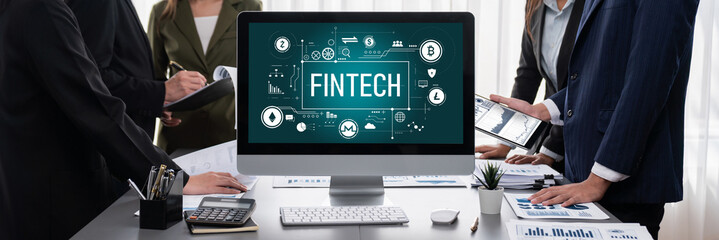 Poster - Panorama shot analyst team utilizing BI Fintech to analyze financial report with laptop. Businesspeople analyzing BI data dashboard displayed on laptop screen for business insight. Prodigy