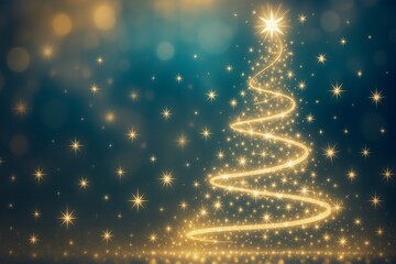 Poster - Abstract christmas tree adorned with shimmering golden lights radiating brightly against a sparkling teal backdrop, evoking a magical and festive holiday atmosphere perfect for celebration