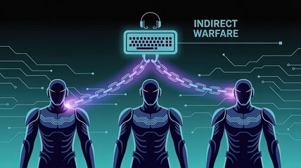 Poster - Indirect Warfare Cyber Threat: A futuristic illustration presents the concept of indirect warfare via cyber means, depicting interconnected figures controlled by digital commands.