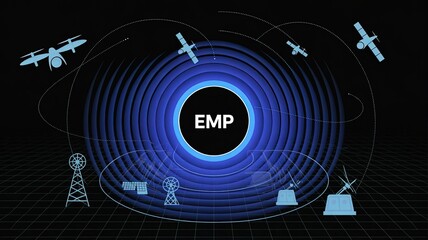 Poster - EMP: A complex diagram of technological marvels, highlighting an electromagnetic pulse emanating across satellites and drones, against a backdrop of futuristic blueprints.