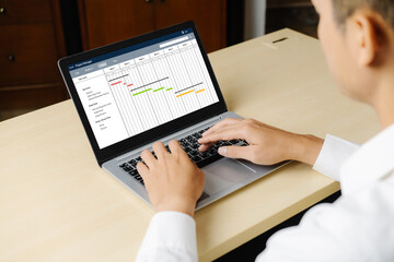 Poster - Project planning software for modish business project management on the computer screen showing timeline chart of the team project