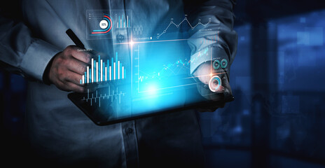 Poster - Data analytics dashboard with charts, indicators, and performance metrics, reveals trends, data analytics drives growth, supports insight, and data analytics improves decisions. Vouch