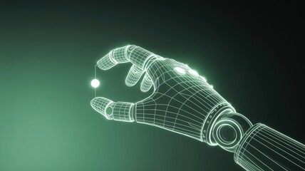 Poster - Digital Touch: A detailed illustration of a robotic arm delicately interacts with a luminous sphere, set against an illuminating digital background, showcasing innovation