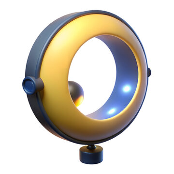 Photo of a futuristic gold ring with a glowing blue light and a dark sphere inside, isolated on transparent background