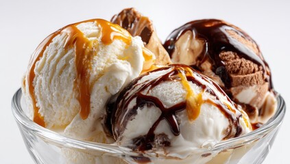 Aufkleber - Delicious scoop of vanilla chocolate and caramel flavored ice cream with drizzles in a clear glass bowl on white surface