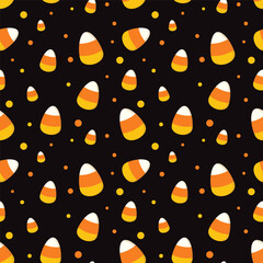 Wall Mural - Candy corn repeat pattern isolate on black background.Colorful Halloween seamless pattern.Graphic vector illustration.