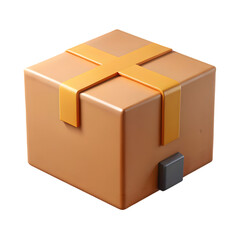 Poster - Photo of a 3d illustration of a brown cardboard box with gold tape, isolated on transparent background