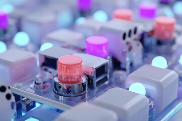 Poster - Colorful buttons and lights create a vibrant electronic setup in a modern workspace
