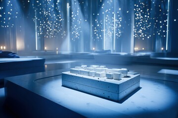Poster - Creative art installation illuminated by blue lights showcases a textured structure set against a mystical atmosphere