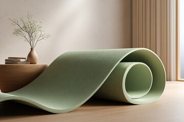 Poster - Yoga mat rolled up next to a wooden table with a vase and sunlight streaming in