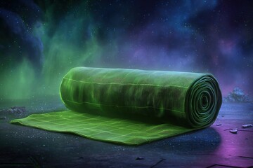 Poster - Roll of green fabric placed on a dark surface under a starry sky with ethereal colors in the background during a cosmic setting
