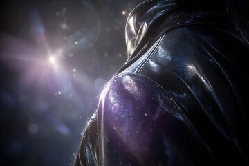 Poster - Close-up of a shiny black leather jacket reflecting light in a dimly lit environment during a fashion event at night
