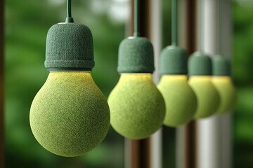 Poster - Modern green pendant lights hang elegantly in a contemporary indoor setting surrounded by nature
