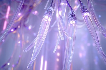 Poster - Close-up view of glowing transparent strands illuminated in purple light during a decorative lighting display