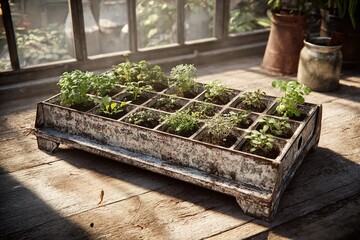 Poster - Indoor herb garden thriving in wooden planter with natural light and rustic charm