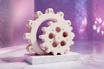 Poster - Wooden gears display on marble base with a purple light backdrop for an artistic touch