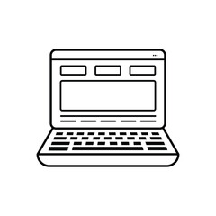 Poster - Laptop computer with open screen and website layout interface vector icon illustration in minimal line style for digital use.