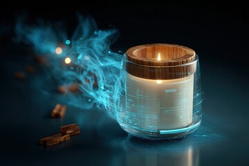 Poster - Modern candle emitting soft glow with digital effects and aromatic wooden pieces