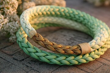 Poster - Intricate braided accessories in soft green tones displayed on a textured surface with delicate flowers in the background