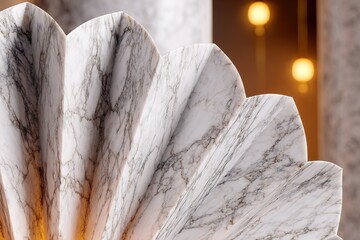 Poster - Elegant marble sculpture featuring a fan shape, showcasing intricate details in a stylish interior setting with warm ambient lighting