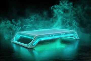 Fototapete - Futuristic glowing platform surrounded by mist in a dark setting showcases innovative technology and design aesthetics