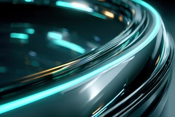 Fototapete - Abstract close-up of futuristic metallic rings with glowing turquoise accents reflecting light in a dark background