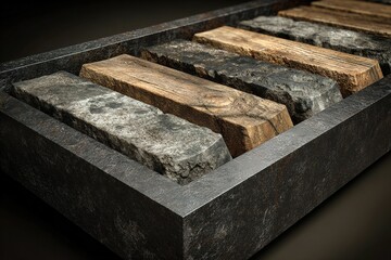 Aufkleber - Unique texture display of natural stone and wood materials arranged neatly in a modern setting for interior design inspiration