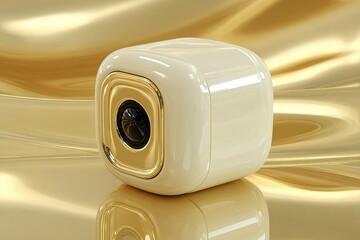 Poster - Compact white and gold camera design showcased against a reflective golden backdrop with smooth curves