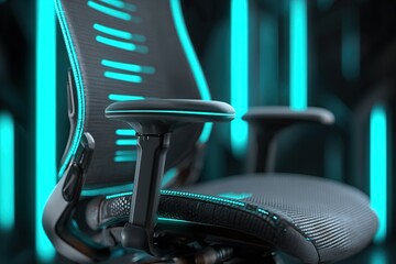 Poster - Ergonomic office chair with glowing accent lines in modern workspace showcasing comfort and design
