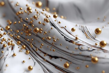 Poster - Elegant golden spheres flowing over a marble surface with intricate patterns and textures