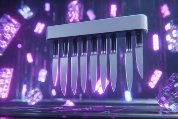 Fototapete - Futuristic slicing tools illuminated in a neon environment with geometric shapes and vibrant colors