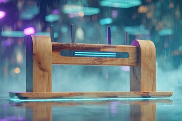 Poster - Modern wooden display stand illuminated with blue lights, surrounded by mist in a colorful, futuristic setting