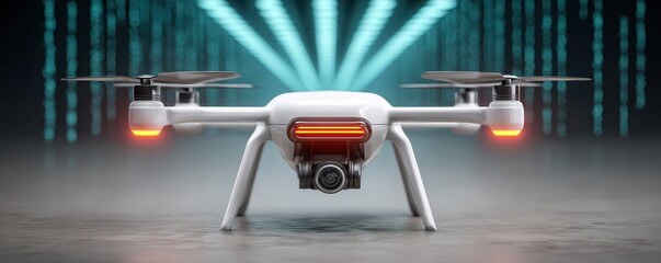 Poster - A sleek white drone with a front camera hovers indoors, illuminated by blue matrix-style digital code in the background.