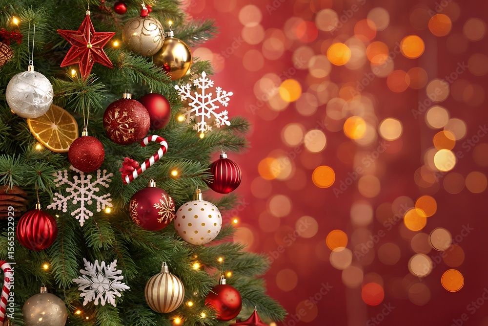Vibrant Festive Christmas Tree Background Red and Gold Ornaments ...