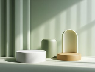 Poster - Elegant minimalistic display podiums with soft pastel colors and modern geometric shapes in a sleek studio setting with natural light