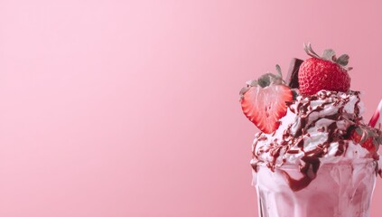 Aufkleber - Delicious and Refreshing Strawberry Milkshake in a Glass with Fresh Fruit Toppings and Chocolate Syrup on Soft Pink Background
